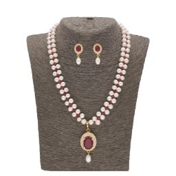 Sri Jagdamba Pearls Timeless Elegance Red & Pearl White Necklace and Earring Set image 2