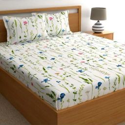 Home Ecstasy White & Green Cotton 140 TC Bed Sheet Set-image-92