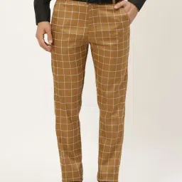 Sojanya Beige Cotton Regular Slim Fit Checks Flat Front Trousers-image-62