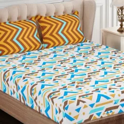 SEJ by Nisha Gupta Geometric Blue 144 TC Cotton Double Bed Sheet with 2 Pillow Covers-34
