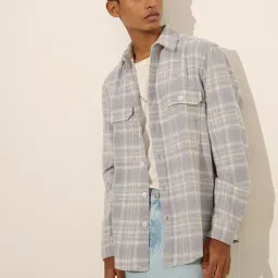 Nuon by Westside Light Grey Checkered Relaxed-Fit Cotton Shirt-image-91