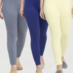 Gracit Grey & Blue Mid Rise Leggings - Pack Of 3-image-61