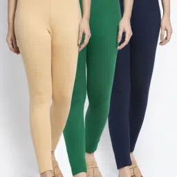 Gracit Green & Navy Mid Rise Leggings - Pack Of 3-image-94