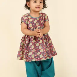 Fabindia Kids Pink & Teal Floral Print Kurta with Salwar-image-66