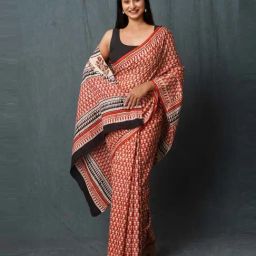 Unnati Silks Red Cotton Printed Saree With Unstitched Blouse-picture-16
