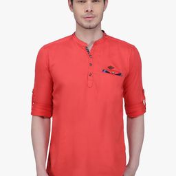 Kuons Avenue Men Coral Pink Solid Straight Kurta-picture-51