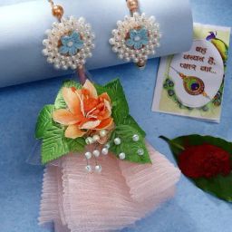 NVR Peach Floral Design Pearl Beaded Bhaiya Bhabi Rakhi with Roli Chawal - Set of 2-17