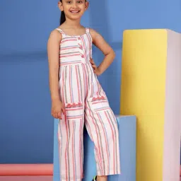 Budding Bees Girls White Cotton Regular Fit Striped Jumpsuit-image-98