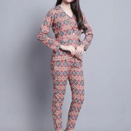 Jainish Red Printed Crop Top Pant Set With Jacket image 1