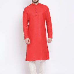 NAMASKAR Men Red & White Solid Cotton Kurta with Churidar-16