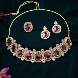 Zaveri Pearls Wine Color Stones Austrian Diamonds Kundan Necklace Earring Ring Set-ZPFK16071-34