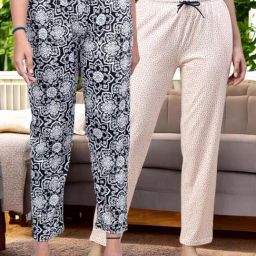 Kryptic White & Charcoal Cotton Relaxed Fit Printed Lounge Pant - Pack of 2-image-86