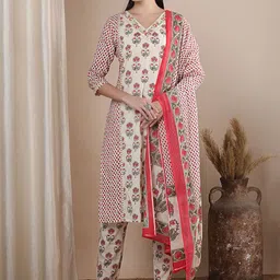 FASHOR Floral Printed V-Neck Pure Cotton Straight Kurta With Trousers & Dupatta-picture-20