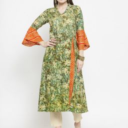 Indibelle Women Green & Cream-Coloured Printed Layered Kurta with Trousers-picture-30