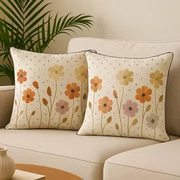MFD HOME FURNISHING Cream-Coloured Set of 2 Floral Linen Square Cushion Covers-picture-46