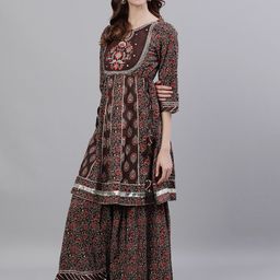 Ishin Women Brown Embroidered Kurta with Sharara & Dupatta-picture-12