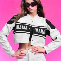 Bonkers Corner Women No.1 Drama Mama Typography Printed Pure Cotton Crop Varsity Jacket-picture-3