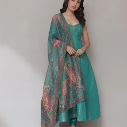 aarke Ritu Kumar Teal Printed Anarkali Kurta With Pants & Dupatta-image-43