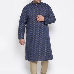 KISAH PLUS Men Plus Size Navy Blue & Gold-Toned Printed Kurta with Churidar-38