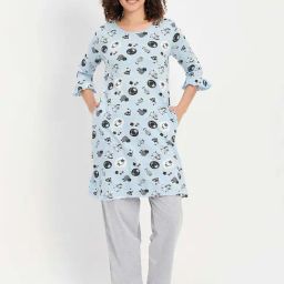 Clovia Blue & Grey Cotton Printed Sleep Tees Pyjamas Set-picture-27