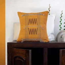 Peepul Tree Mustard & Black Pure Cotton Handwoven Cushion Cover-image-87