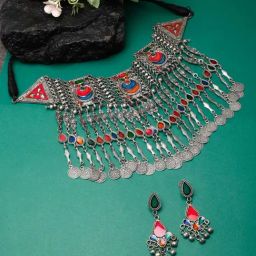 Moedbuille Meenakari Work Afghan Tribal Design Oxidised Silver Plated Handcrafted Jewellery Set-image-66