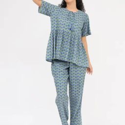 Clovia Blue Rayon Floral Round Neck Night Suits-image-30