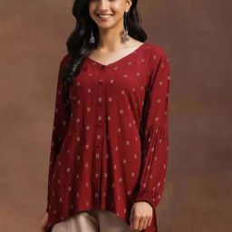 Libas Maroon Cotton Woven Pattern A Line Short Kurti-image-20