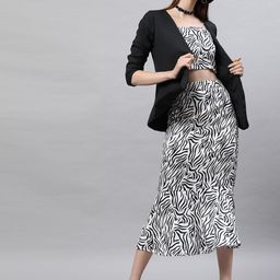 STREET 9 Black & White Animal Satin A-Line Midi Dress-image-14