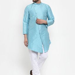 KLOTTHE Men Turquoise Blue & White Self Design Kurta with Pyjamas-image-35