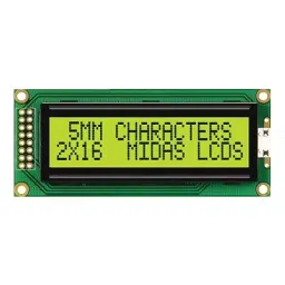 MIDAS DISPLAYS Display, Alphanumeric, 16X2, Yellow/Grn, MC21605B6WK-SPTLY-V2-46