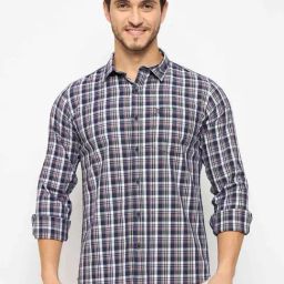 Duke Navy Cotton Slim Fit Checks Shirt-image-19
