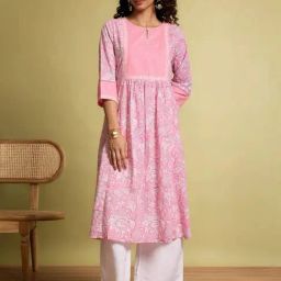 Taneira Light Pink Cotton Regular Fit Floral Print Kurtas-picture-39