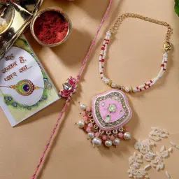 NVR Pink Lotus Shape Kundan Stone-Studded & Beaded Bhaiya Bhabhi Rakhi with Roli Chawal - Set of 2-image-86
