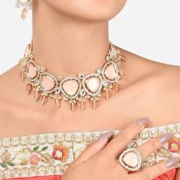 Zaveri Pearls Peach Stones Beads Austrian Diamonds Kundan Necklace Earring & Ring Set-ZPFK16073-picture-9