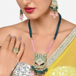 Zaveri Pearls Green Pink Multistrand Crystal Kundan Meenakari Necklace Earring Ring Set-ZPFK16024-36