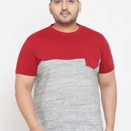 bigbanana Plus Size Men Grey  red Colourblocked Round Neck T-shirt-image-6