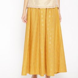 AURELIA Mustard Yellow Printed Pure Cotton A-Line Maxi Skirt-image-89