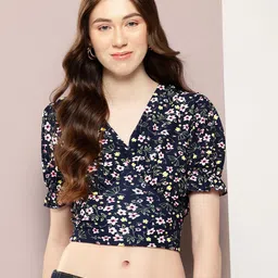 aaliya Floral Print Puff Sleeve Cotton Wrap Crop Top-image-34