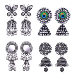 DIVASTRI Set Of 4 Silver-Plated Peacock Shaped Oxidised Jhumkas-6