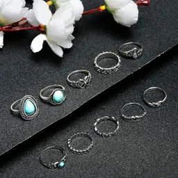 YouBella Set Of 10 Silver-Plated Stone Studded Finger Rings-10
