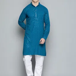 Jompers Men Floral Embroidered Chikankari Pure Cotton Kurta with Pyjamas-32