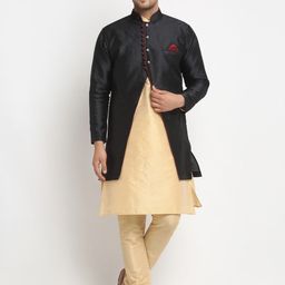 Benstoke Men Gold-Colored & Black Self-Design Sherwani Set-image-29