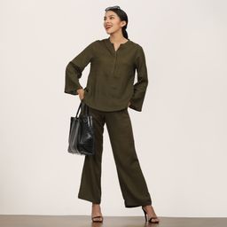 Saltpetre Women Olive Bell Sleeves Short Tunic With Pants Co-Ord Set-image-71
