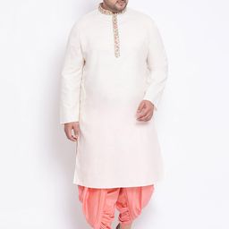 KISAH PLUS Men White & Peach-Coloured Solid Kurta with Dhoti Pants-6