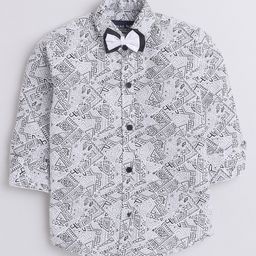Polka Tots Full Sleeves Abstract Zig Zag Printed Bow Appliqued Shirt - White & Grey-image-99
