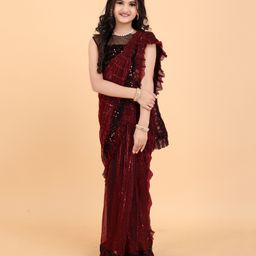 SHRITHI Fashion Fab Tikli Work & Sequin Band Embellished & Ruffled Hem Detailed Ready To Wear Saree With Unstitched Blouse Piece - Maroon & Black-image-70