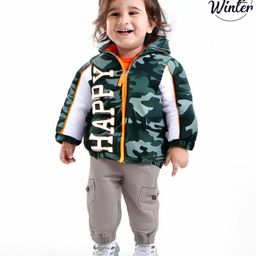 Babyoye Woven Full Sleeves Padded Hooded Jacket with Camouflage Design & Text Print - Dark Green-picture-17