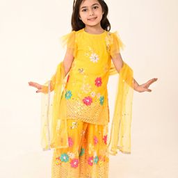 Babyhug Woven Frill Sleeves Net Floral Embroidered Kurti Palazzo & Dupatta Set - Yellow-image-49