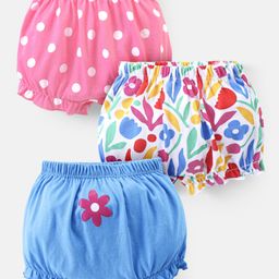 Babyhug 100% Cotton Knit Bloomers With Floral & Polka Dot Print Pack of 3 - Blue White & Pink-image-40